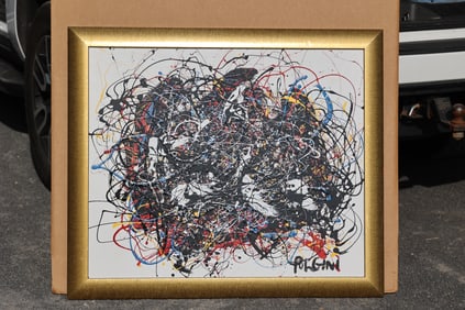 Thomas Pulgini, American, Pop-Art Abstract Oil on Board Drip Splatter Painting Signed