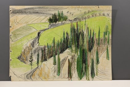 Robert Angeloch Crayon Drawing on Paper "Hills in Tuscany", 1952, Signed