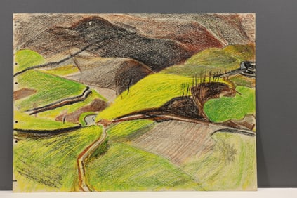 Robert Angeloch Crayon Drawing on Paper Landscape "Road Near Firenze" 1952, Signed