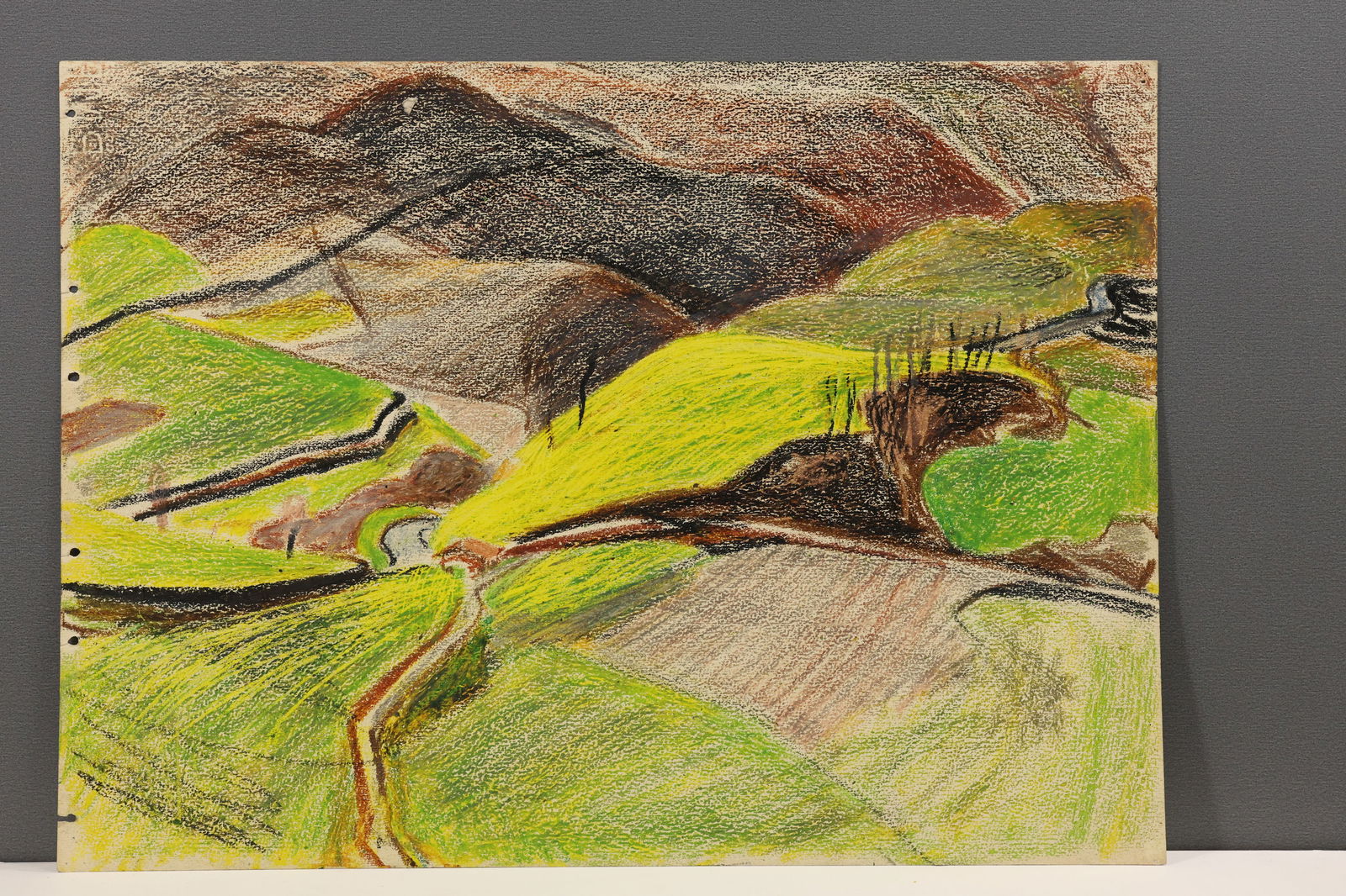 Robert Angeloch Crayon Drawing on Paper Landscape "Road Near Firenze" 1952, Signed: All descriptions were generated using AI technology and have not been reviewed or verified by a human. All items are sold as-is, where-is. It is the buyer’s responsibility to preview, examine, and a