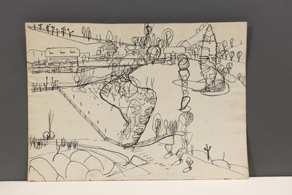 Robert Angeloch Pen & Ink Drawing on Paper Landscape "Feld am See" 1952, Signed