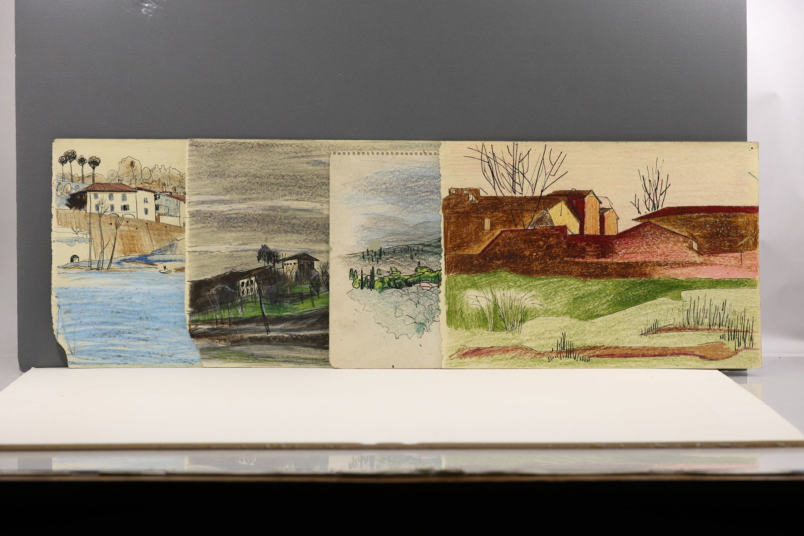 group of 4 crayon and ink drawings executed during Robert Angeloch’s 1952 Sojourn Italy: All descriptions were generated using AI technology and have not been reviewed or verified by a human. All items are sold as-is, where-is. It is the buyer’s responsibility to preview, examine, and a