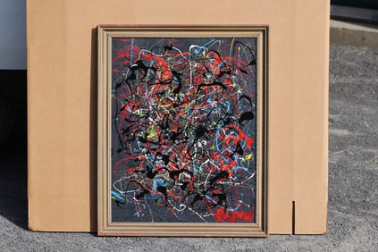 Thomas Pulgini, American, Pop-Art Abstract Oil on Board Dark Drip Splatter Painting Signed