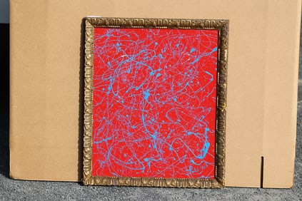 Thomas Pulgini, American, Pop-Art Abstract Blue Drip on Red Oil on Board Signed