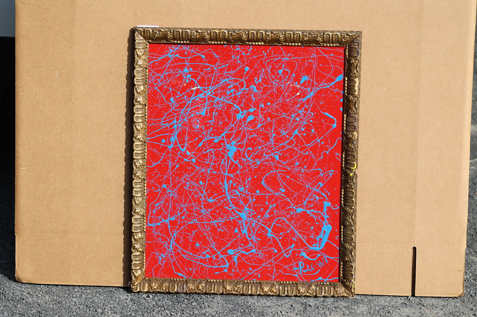 Thomas Pulgini, American, Pop-Art Abstract Blue Drip on Red Oil on Board Signed: All descriptions were generated using AI technology and have not been reviewed or verified by a human. All items are sold as-is, where-is. It is the buyer’s responsibility to preview, examine, and a