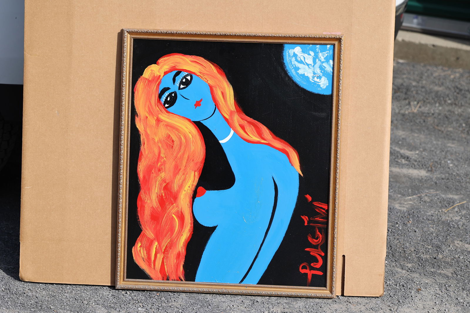 Thomas Pulgini, American, Pop-Art Blue Female Nude with Red Hair on Black Background: All descriptions were generated using AI technology and have not been reviewed or verified by a human. All items are sold as-is, where-is. It is the buyer’s responsibility to preview, examine, and a