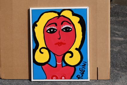 Thomas Pulgini, American, Pop-Art Red Face Woman with Blonde Hair on Blue Background Signed