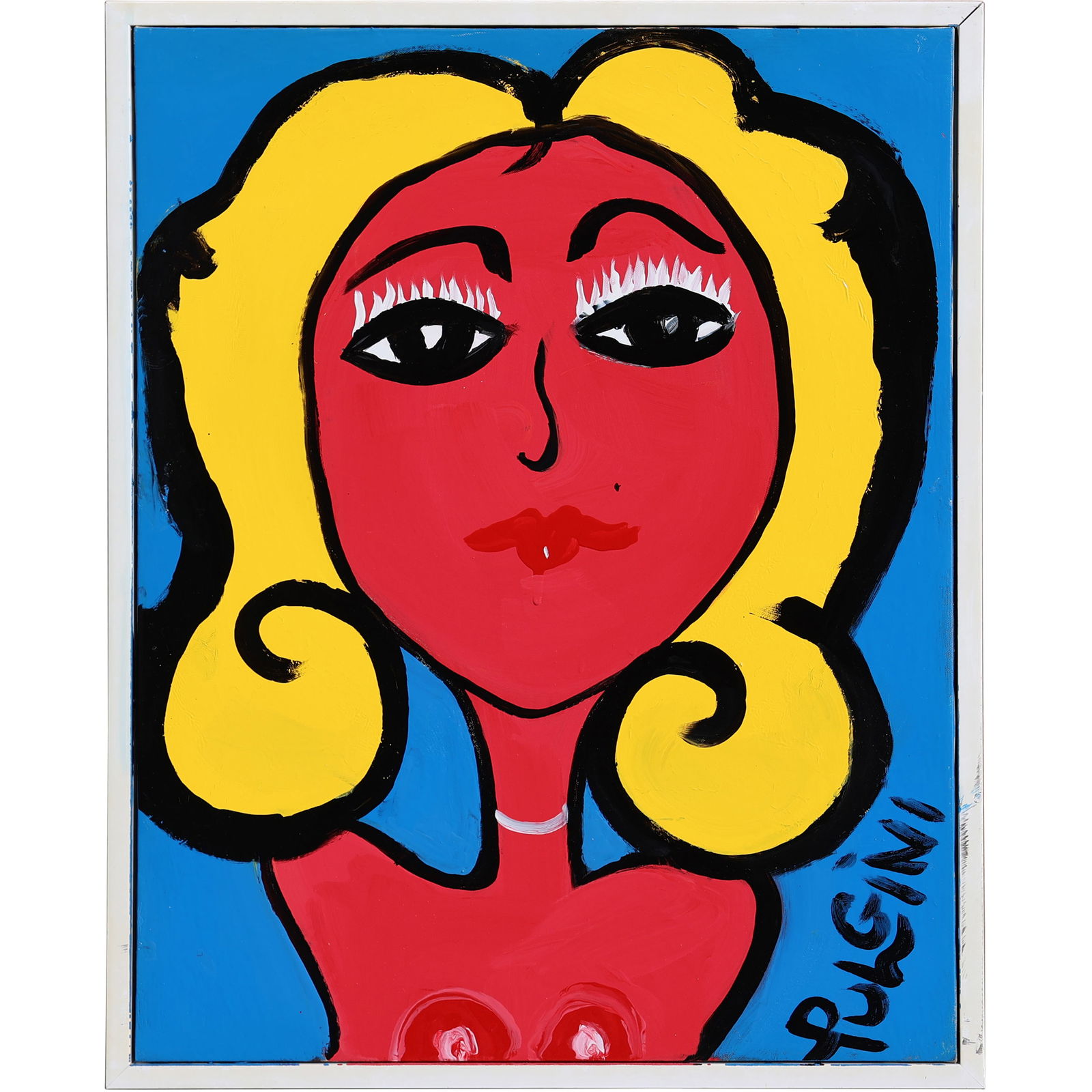 Thomas Pulgini, American, Pop-Art Red Face Woman with Blonde Hair on Blue Background Signed: All descriptions were generated using AI technology and have not been reviewed or verified by a human. All items are sold as-is, where-is. It is the buyer’s responsibility to preview, examine, and a