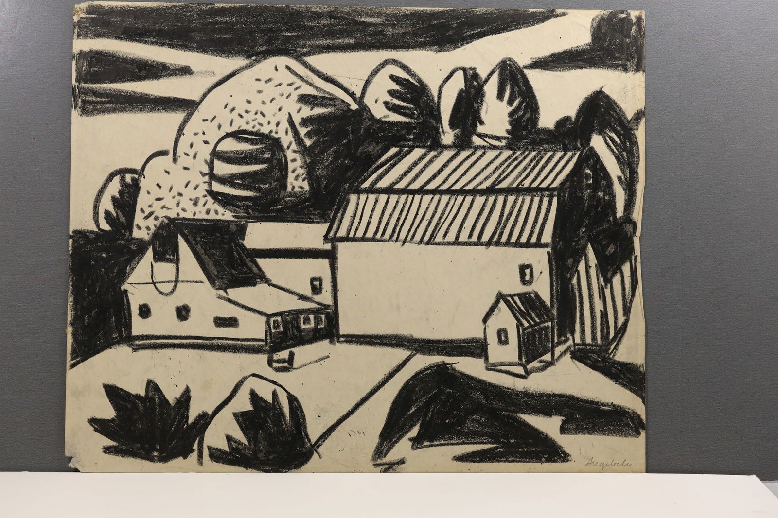 Robert Angeloch Signed 1951 Vermont Farm Drawing on Paper: All descriptions were generated using AI technology and have not been reviewed or verified by a human. All items are sold as-is, where-is. It is the buyer’s responsibility to preview, examine, and a