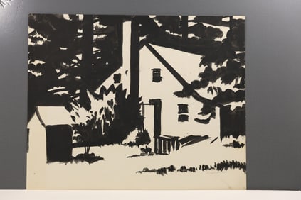 Robert Angeloch Signed 1980 Black Painting on Paper House