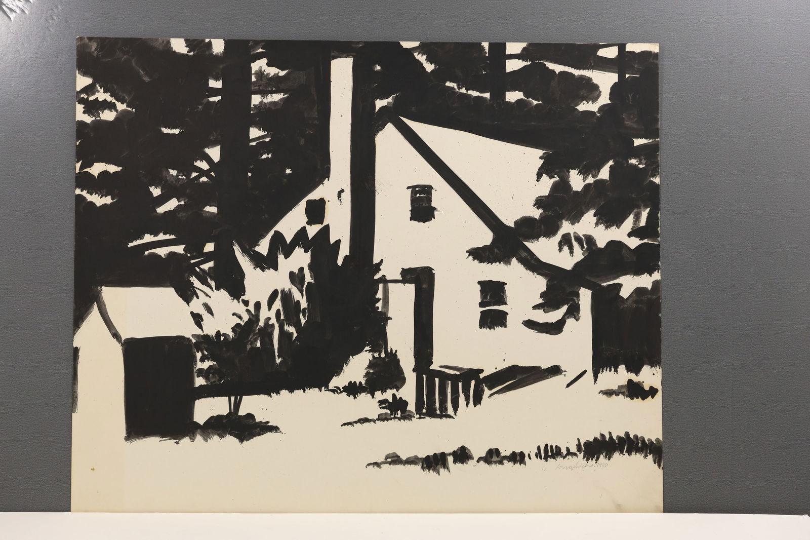 Robert Angeloch Signed 1980 Black Painting on Paper House (1 of 10)