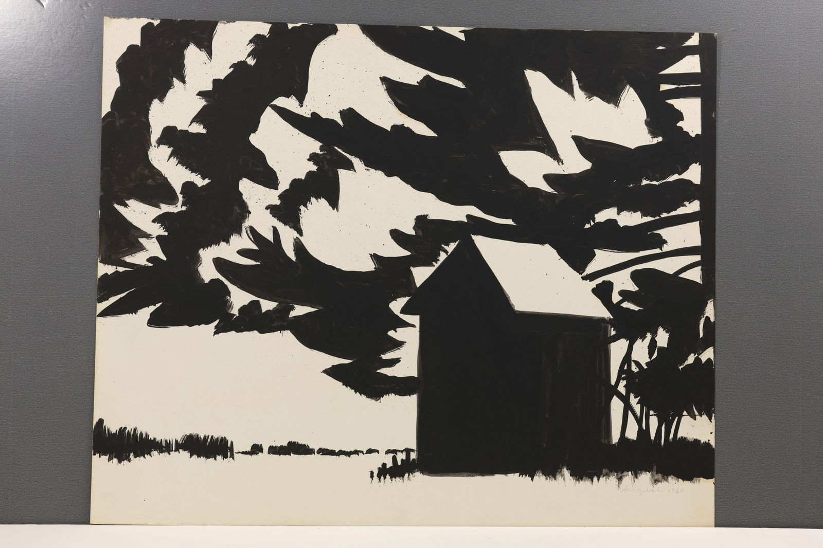 Robert Angeloch Signed 1980 Black Painting of a Barn on Paper (1 of 11)