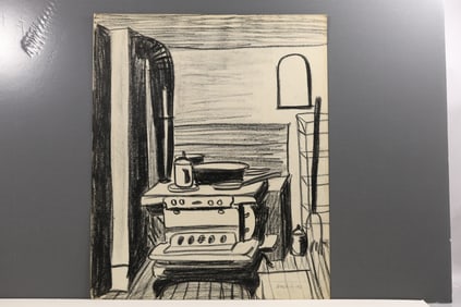 Robert Angeloch 1951 Cookstove Vermont Charcoal Drawing on Paper Signed