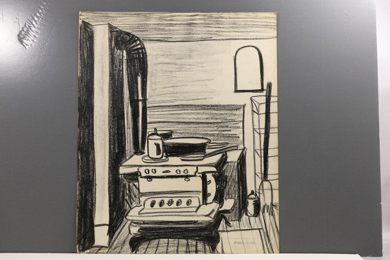 Robert Angeloch 1951 Cookstove Vermont Charcoal Drawing on Paper Signed (1 of 12)