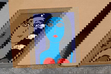 Thomas Pulgini American Pop Art Blue Woman Portrait Painting Modern Figurative Signed