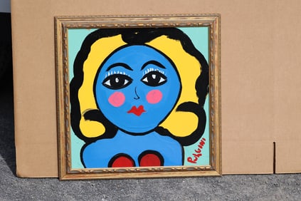 Thomas Pulgini American Pop Art Nude Blue Woman Portrait Painting Signed Modern