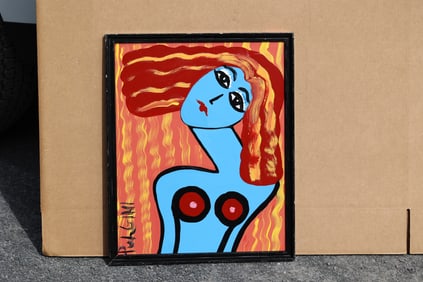 Thomas Pulgini American Pop Art Nude Blue Woman Painting Modern Abstract Signed