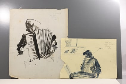 Signed Angeloch Signed 1952 lot of 2 Drawings of Accordion Players on Paper