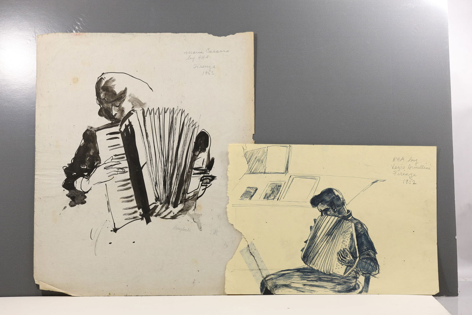 Signed Angeloch Signed 1952 lot of 2 Drawings of Accordion Players on Paper: All descriptions were generated using AI technology and have not been reviewed or verified by a human. All items are sold as-is, where-is. It is the buyer’s responsibility to preview, examine, and a