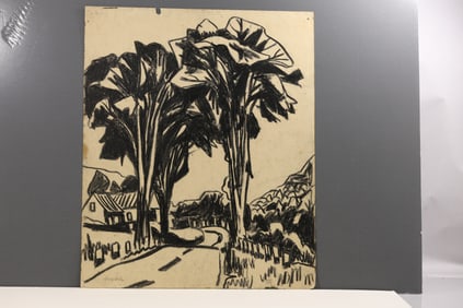 Robert Angeloch Signed 1951 "Elm Trees Vermont" Charcoal Drawing on Paper
