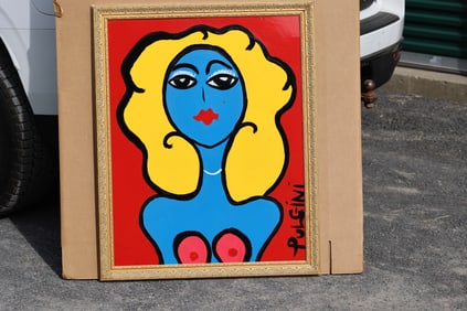 Thomas Pulgini American Pop Art Nude Blue Woman Painting Red Background Signed Modern