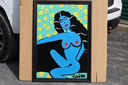 Thomas Pulgini American Pop Art Nude Blue Woman Painting Floral Background Signed Modern