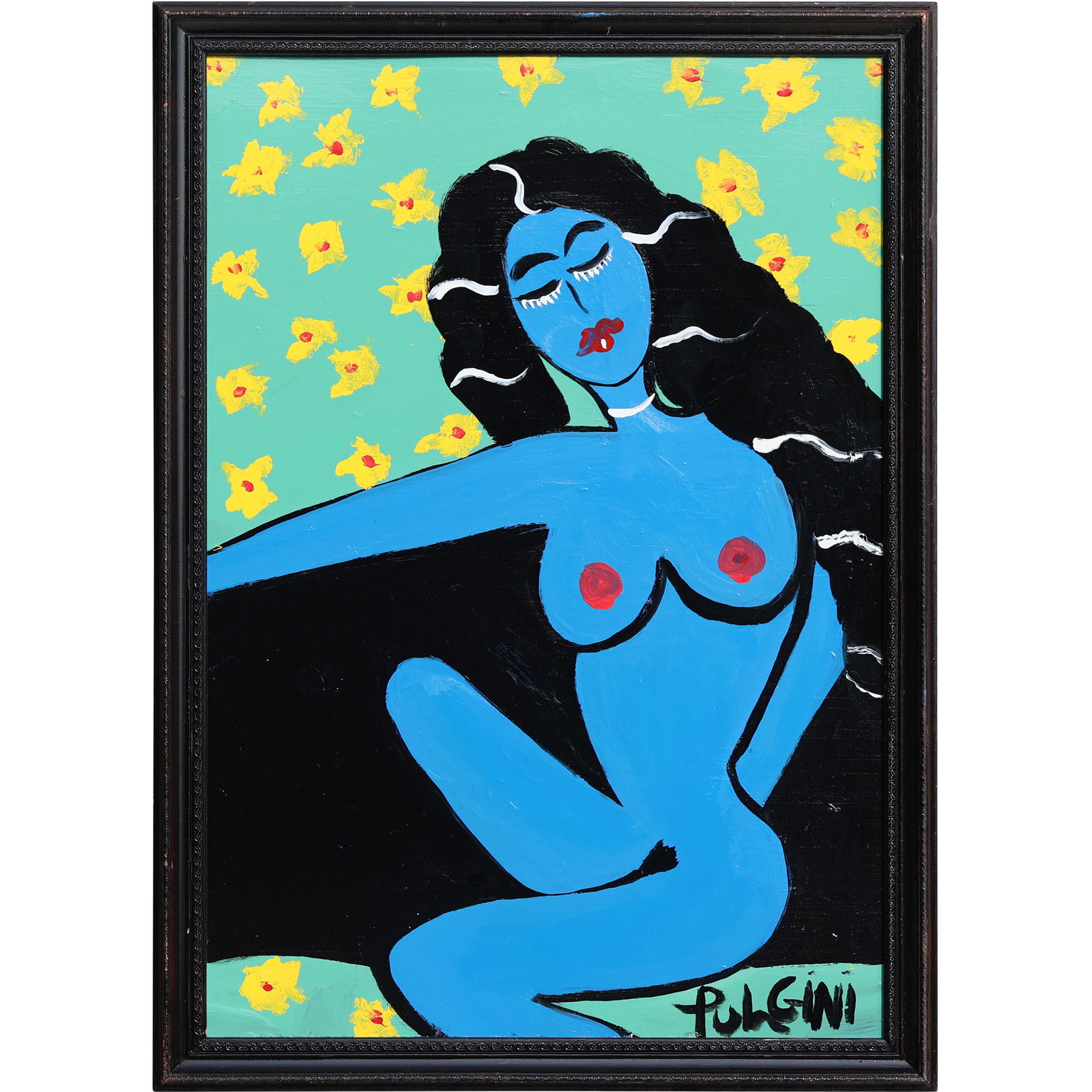 Thomas Pulgini American Pop Art Nude Blue Woman Painting Floral Background Signed Modern: All descriptions were generated using AI technology and have not been reviewed or verified by a human. All items are sold as-is, where-is. It is the buyer’s responsibility to preview, examine, and a