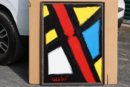 Thomas Pulgini American Pop Art Abstract Geometric Painting Red Yellow Blue Signed Modern