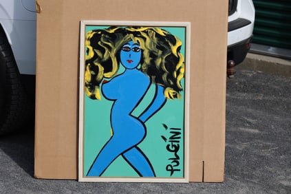 Thomas Pulgini American Pop Art Nude Blue Woman Painting Modern Figurative Signed