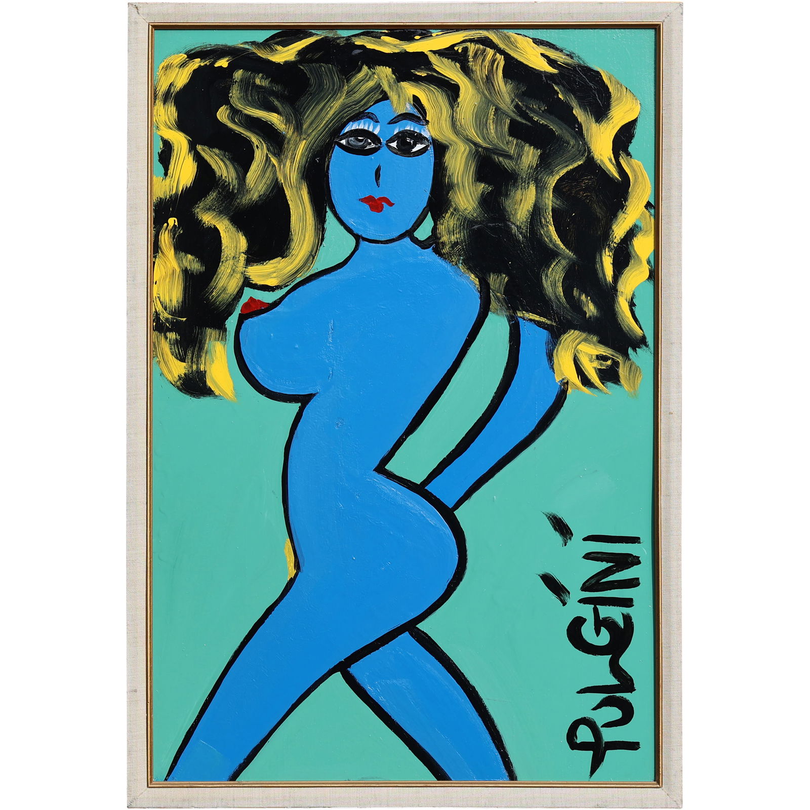 Thomas Pulgini American Pop Art Nude Blue Woman Painting Modern Figurative Signed: All descriptions were generated using AI technology and have not been reviewed or verified by a human. All items are sold as-is, where-is. It is the buyer’s responsibility to preview, examine, and a