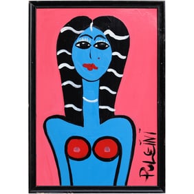 Thomas Pulgini American Pop Art Nude Blue Woman Painting Pink Background Signed Modern