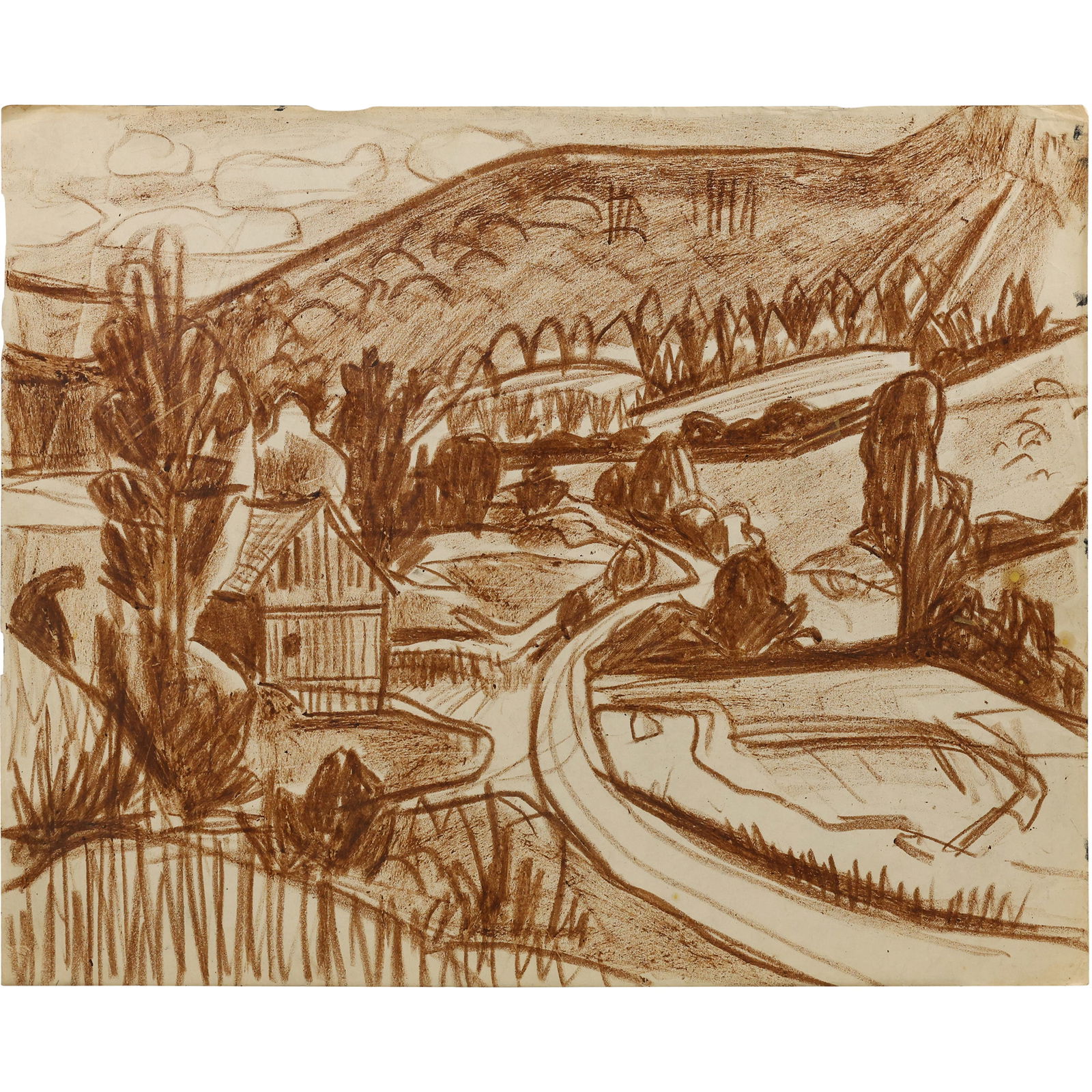 Robert Angeloch Signed 1951 "Chateauguay Farm" Vermont" Drawing on Paper: All descriptions were generated using AI technology and have not been reviewed or verified by a human. All items are sold as-is, where-is. It is the buyer’s responsibility to preview, examine, and a