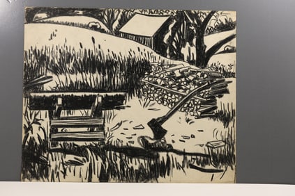 Robert Angeloch Signed 1951 "Firewood" Chateauguay Vermont Charcoal Drawing on Paper