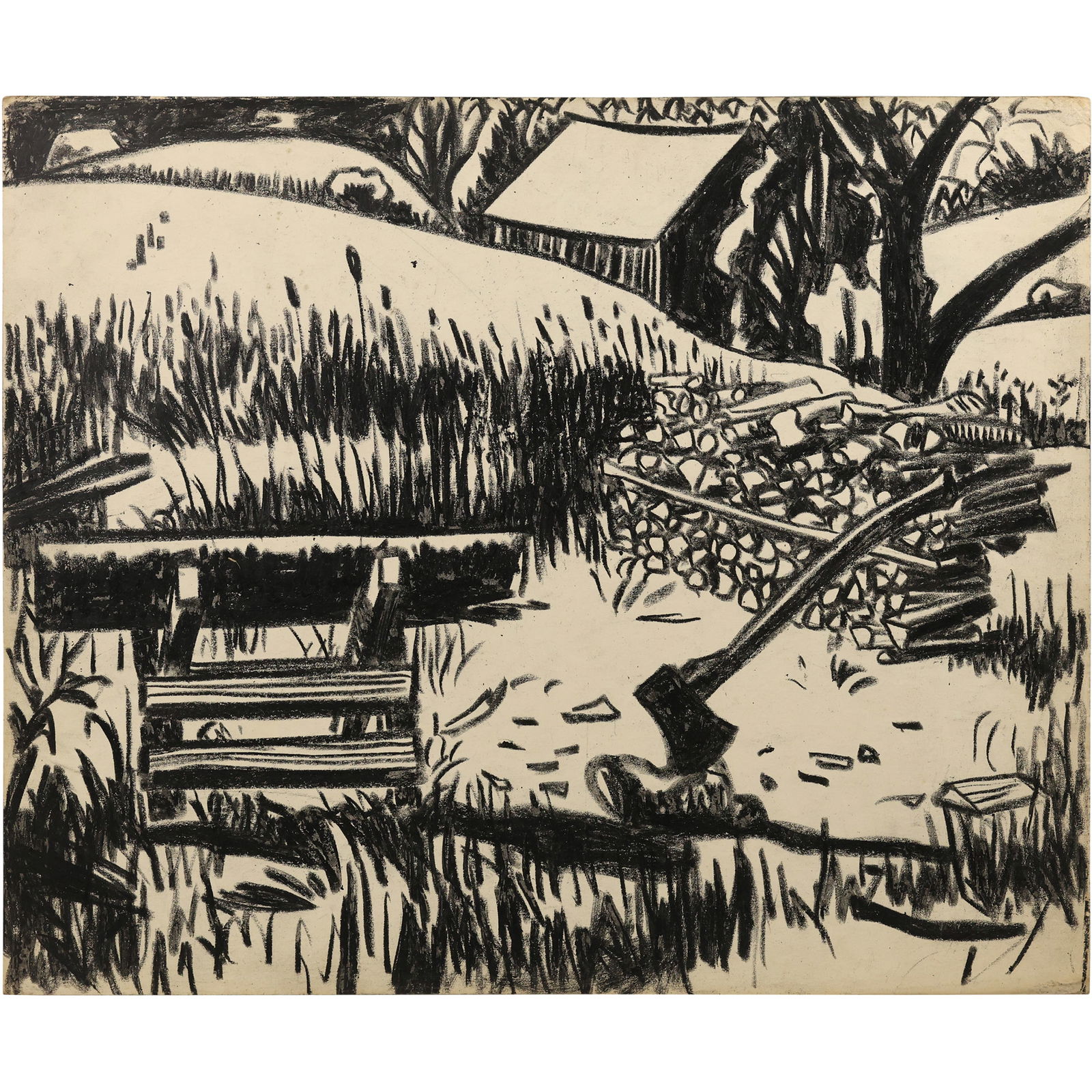 Robert Angeloch Signed 1951 "Firewood" Chateauguay Vermont Charcoal Drawing on Paper (1 of 11)