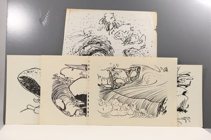 Robert Angeloch Lot of 5 Drawings Waterfall Pond Abstract Studies, One Signed