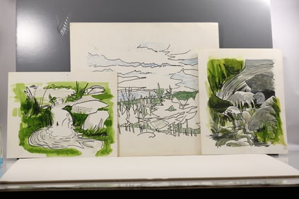 Robert Angeloch Lot of 3 Watercolor Landscape Sketches Stream Studies, One Signed