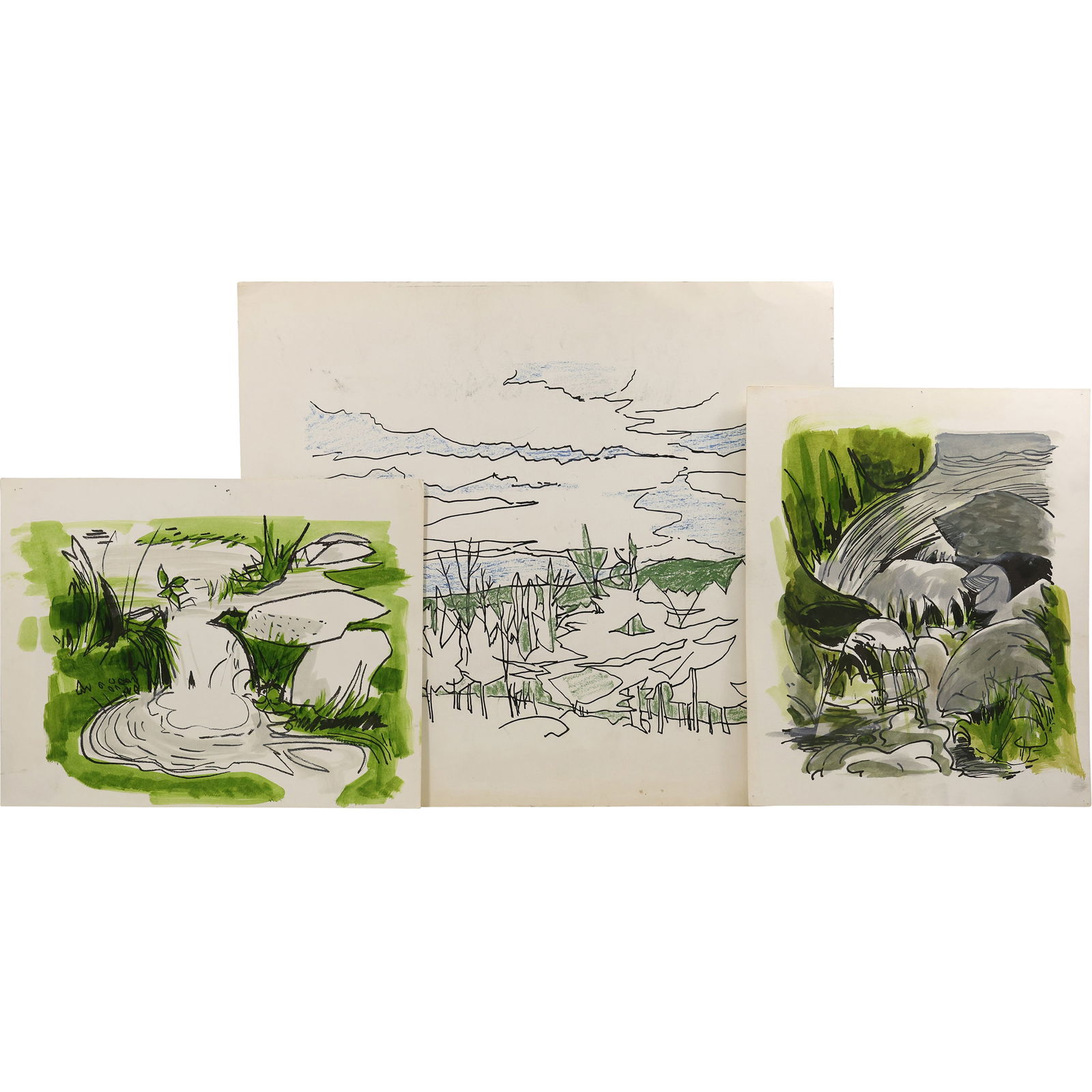 Robert Angeloch Lot of 3 Watercolor Landscape Sketches Stream Studies, One Signed (1 of 9)