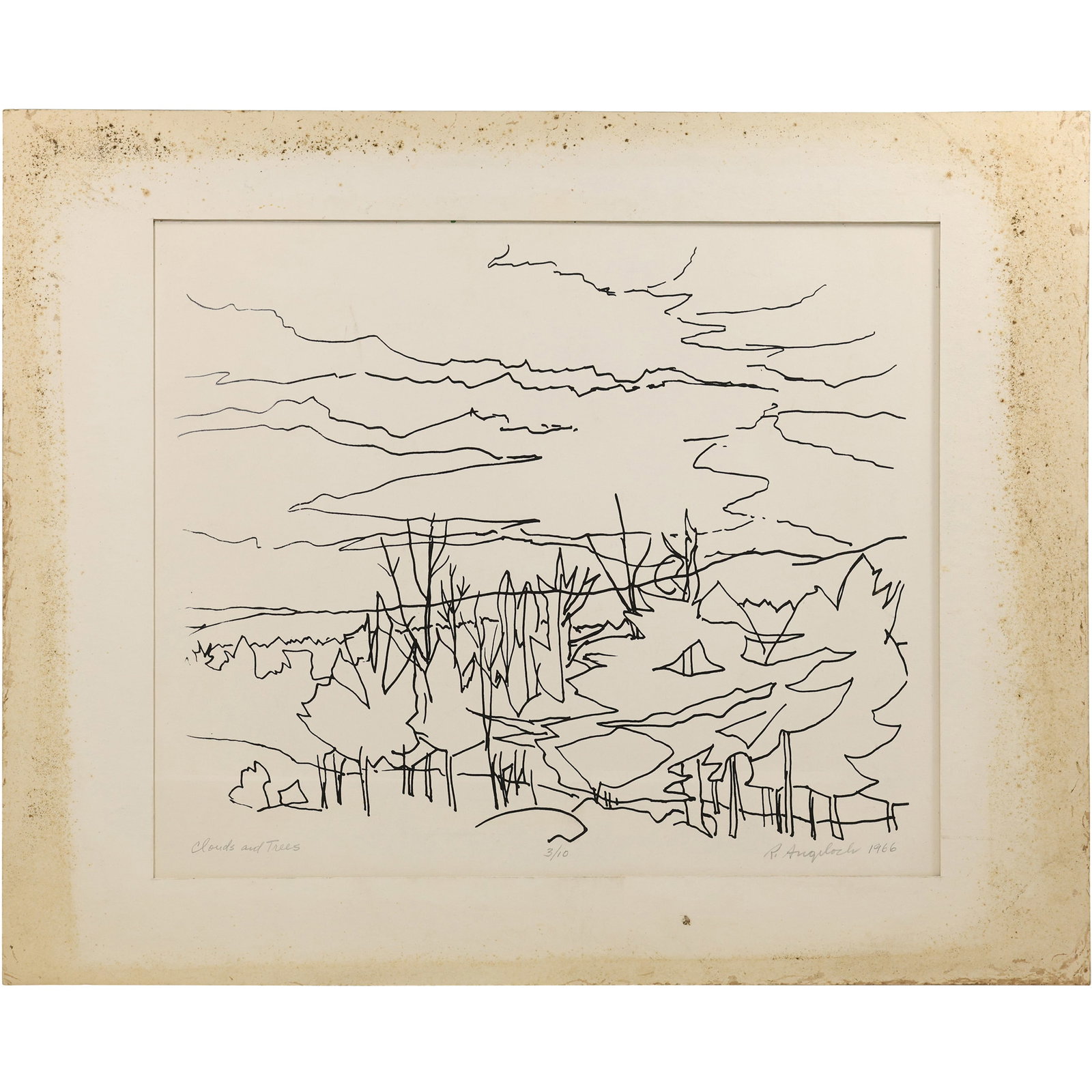 Robert Angeloch Signed 1966 3/10 "Clouds and Trees" Woodblock Print: All descriptions were generated using AI technology and have not been reviewed or verified by a human. All items are sold as-is, where-is. It is the buyer’s responsibility to preview, examine, and a