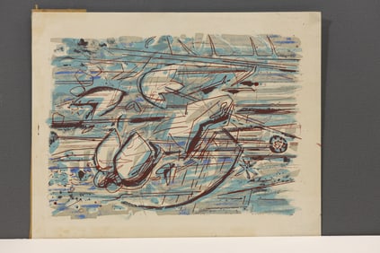 Robert Angeloch Unsigned Abstract Woodblock Print Blue and Brown Composition
