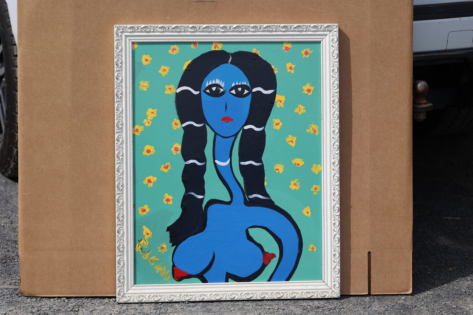 Thomas Pulgini American Pop Art Nude Blue Woman Painting Floral Background Signed Modern: All descriptions were generated using AI technology and have not been reviewed or verified by a human. All items are sold as-is, where-is. It is the buyer’s responsibility to preview, examine, and a
