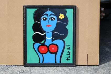 Thomas Pulgini American Pop Art Nude Blue Woman Painting Green Background Signed Modern