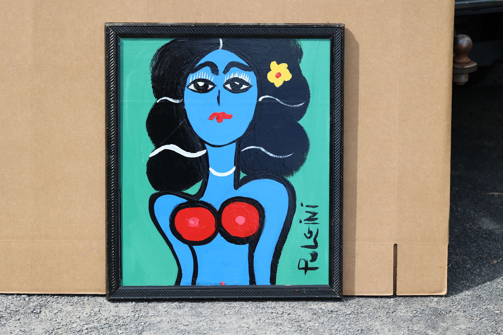 Thomas Pulgini American Pop Art Nude Blue Woman Painting Green Background Signed Modern: All descriptions were generated using AI technology and have not been reviewed or verified by a human. All items are sold as-is, where-is. It is the buyer’s responsibility to preview, examine, and a