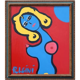 Thomas Pulgini American Pop Art Nude Blue Woman Painting Red Background Signed Modern