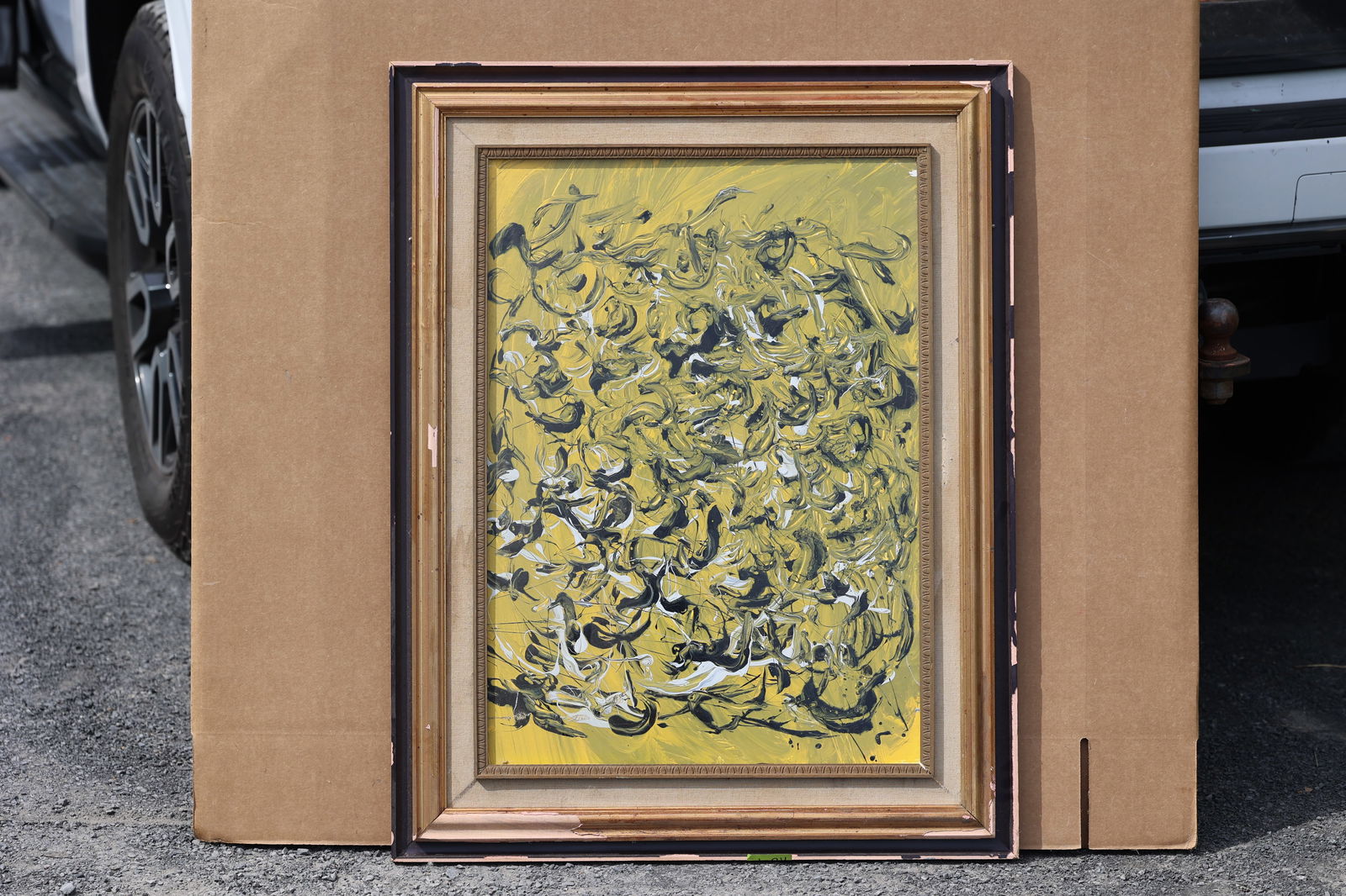 Thomas Pulgini American Pop Art Abstract Expressionist Painting Yellow Black White Signed: All descriptions were generated using AI technology and have not been reviewed or verified by a human. All items are sold as-is, where-is. It is the buyer’s responsibility to preview, examine, and a