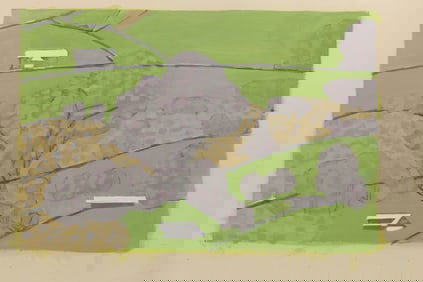 Robert Angeloch Unsigned Landscape Painting on Paper Birds-Eye View of Fields and Farms