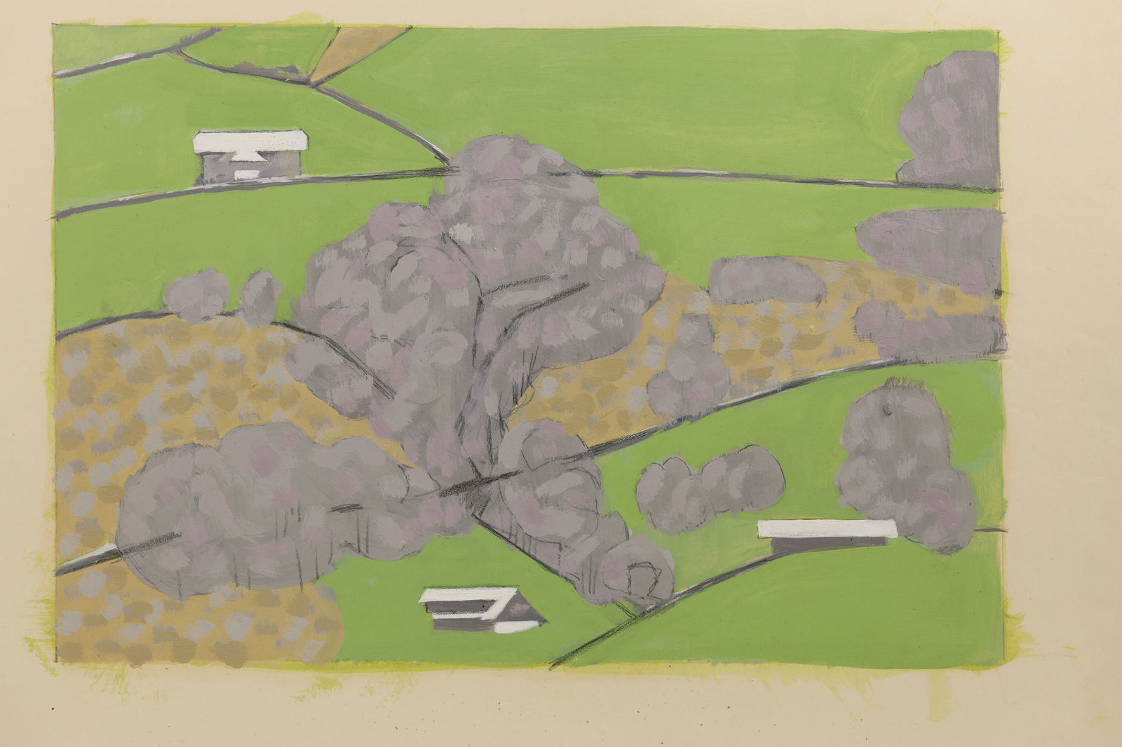 Robert Angeloch Unsigned Landscape Painting on Paper Birds-Eye View of Fields and Farms (1 of 12)