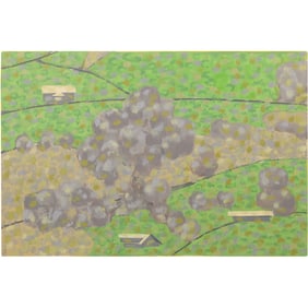 Robert Angeloch Unsigned Landscape Painting on Paper Birds-Eye View of Fields and Farms