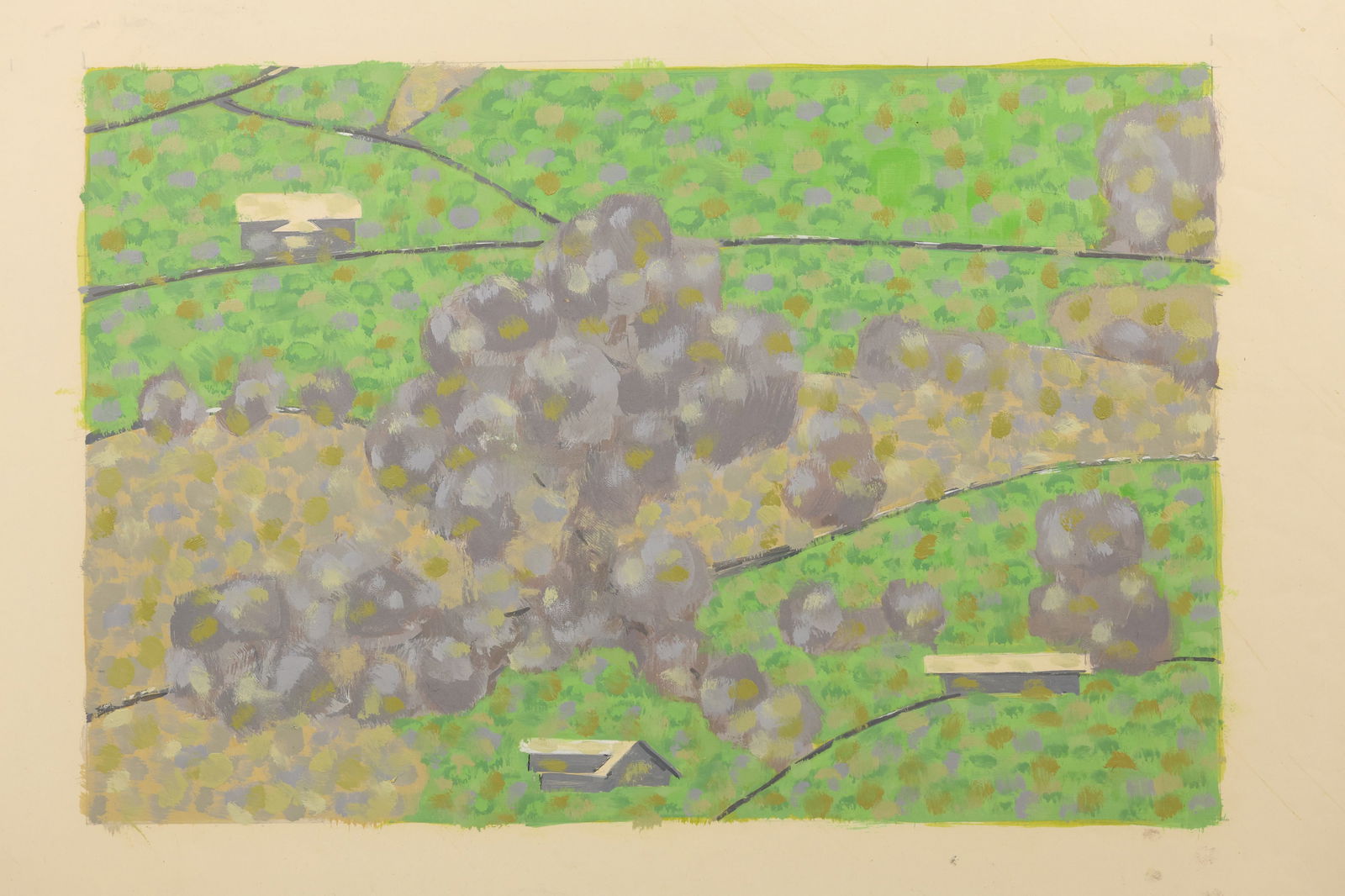 Robert Angeloch Unsigned Landscape Painting on Paper Birds-Eye View of Fields and Farms (1 of 10)