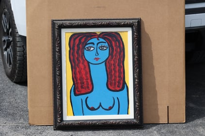 Thomas Pulgini American Pop Art Nude Blue Woman Painting Red Hair Modern Figurative Signed