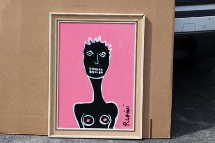 Thomas Pulgini American Pop Art Nude Woman Painting Pink Background Modern Primitive Signed